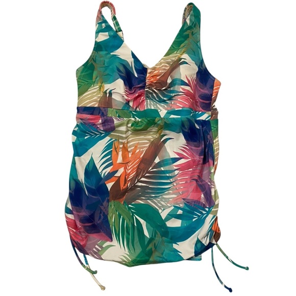 Swim Cacique Multicolor Tropical Ruched One Piece Skirted Swimsuit Size 16 Beach - Picture 5 of 9